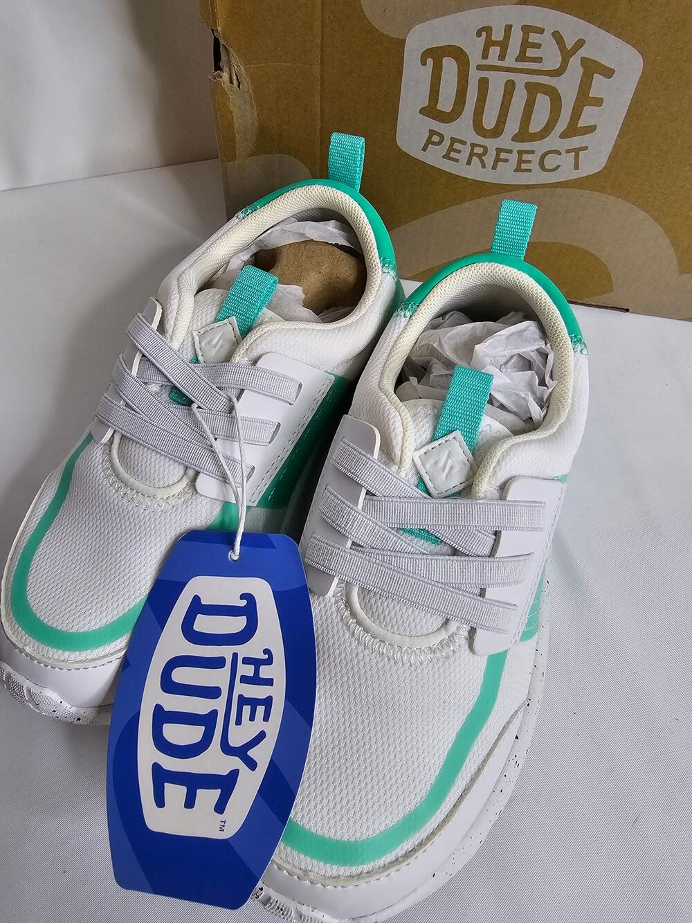 NIB Hey Dude Perfect X Sirocco Play White/Teal Youth Kids J2